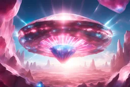 astronave rotonda di cristallo rosa e azzurro in un cielo luminoso con raggi di luce