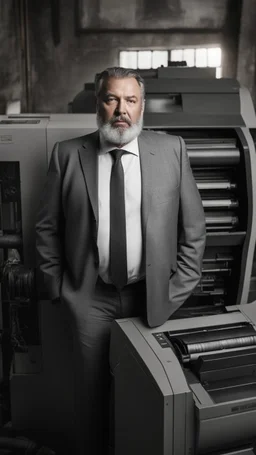 italian strong massive big chubby 50 year old man in smart gray suit, manly chest, unbuttoned shirt, short beard, shirtless, printer in an old printing house, next to a huge old printer, dim light, side light, ambient occlusion