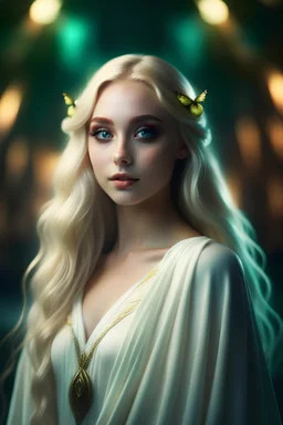 portrait of a beautiful elf with butterfly wings, long straight blonde hair, delicate, tender, green eyes, pure, dressed in white windy robes, standing in a circus, realistic, sexy, cinematic lighting, highly detailed face, very high resolution
