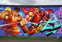 a graffiti mural wall with the word cell street fighter 6 style