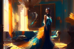 brunette woman standing in an elegant living room in a beautiful peacock feather dress in sunshine Weight:1 8k resolution concept art by Greg Rutkowski dynamic lighting hyperdetailed intricately detailed Splash art trending on Artstation triadic colors Unreal Engine 5 volumetric lighting Alphonse Mucha WLOP Jordan Grimmer orange and teal Weight:0.9