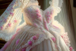 A beautiful romantic ruffled dress, decorated with beautiful embroidered flowers and lace, hanging on a hanger in a bedroom by the fireplace, in the light of the fireplace, Hyper realistic, oil on canvas award winning fantastic view ultra detailed acrylic art Ultra realistic Impressionism Surrealism simen johan, sharp focus intricate oil on canvas cinematic lighting photorealistic high detail ultra detailed crisp quality colourful