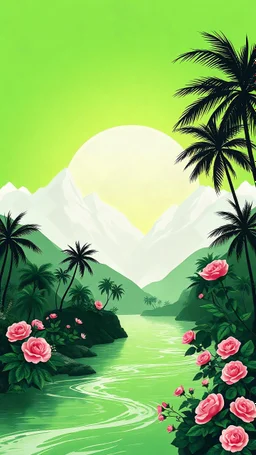 MINIMALIST BW ART - The background features a radiant sunrise GREEN gradient with white mountains ,PALM TREE and flowers gaden ALL COLOR ROSE FLOWER river at the image's base.bold painting style