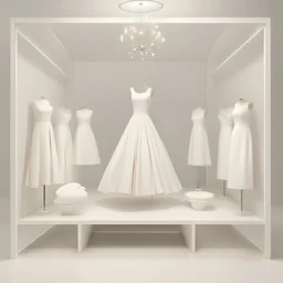 Design a booth to display wedding dresses at an exhibition. Inside it is a fitting room and a reception table In a simple, modern style, open from all sides White color, including rectangular mirrors in its design
