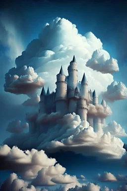 Enormous castle completely made up of clouds in the sky, ominously looming directly above. In the art style of surrealism