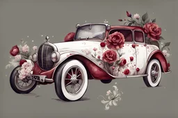 watercolor drawing of an old gothic dark red retro car with flowers, rubies and lace, on a white background, Trending on Artstation, {creative commons}, fanart, AIart, {Woolitize}, by Charlie Bowater, Illustration, Color Grading, Filmic, Nikon D750, Brenizer Method, Side-View, Perspective, Depth of Field, Field of View, F/2.8, Lens Flare, Tonal Colors, 8K, Full-HD, ProPhoto RGB, Perfectionism, Rim Li