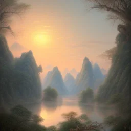 uma paisagem chinesa com rios e arvores, nascer do sol ao fundo, desenho a lapis, tons pastel, luz suave