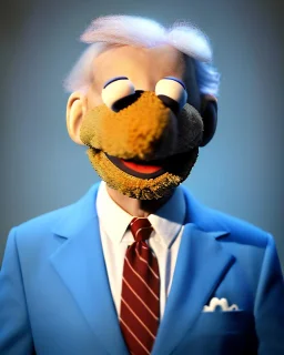 Waist up Portrait, joe Biden as muppet Sesame Street, Blue suit retro style, photo studio, city back ground, unreal engine 5, concept art, art station, god lights, ray tracing, RTX, lumen lighting, ultra detail, volumetric lighting, 3d.