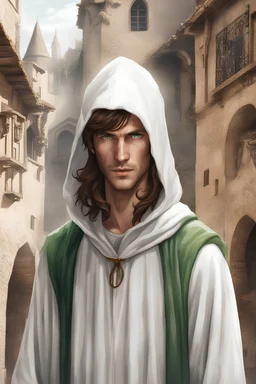 1 man, with brown hair, green eyes, wearing white hooded robes, standing in a medieval city