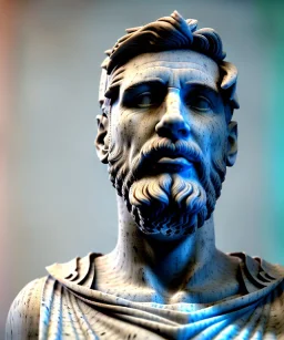 Ultra Realistic image, roman sculpture, white marble material, Lionel Messi, Greece Laurel crown, miguel angel style, chisel style, emperador, waist up portrait, cinematic lighting, God light, god rays, 4k resolution, smooth details, ornate details, soft lighting, unreal engine 5, sky background.