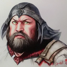 dungeons and dragons, fantasy, dwarf, dark priest, full plate armour, ironclad, dark silvery metal, dark red glow, watercolour, large strokes, distinct face, portrait, head