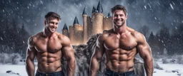 Hyper realistic Extremely Handsome shirtless muscular men smiling & Standing outside huge castle with a lion at heavy snowfall night