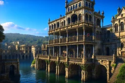 medieval buildings with balconies overhanging lake edge with blue sky and people, photorealism detailed matte painting, deep colour, fantastical, intricate detail, splash screen, concept art