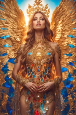 Gorgeous photography full body Beautiful super model Russian woman dressing Lady Angel colorful art conceptual, amazing artwork, hyper detailed, ultra maximalist quality, 12k , close-up portrait,crystal ornaments background, golden hour