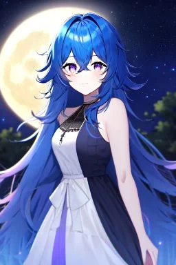 girl, masterpiece, best quality, cinematic lighting, detailed outfit, vibrant colors, perfect eyes, blue hair, very long hair, purple eyes, messy hair, hair between eyes, outdoors, moon, night sky, starry sky,