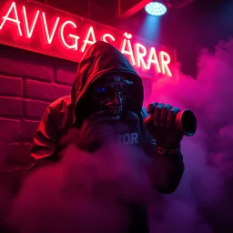 A exhaust pipe performing at dance club, his name is "exhaust pipe" and looks crazy, looks very aggressive look, Neon lights and smog, "AVGASRÖR" SIGN ON WALL