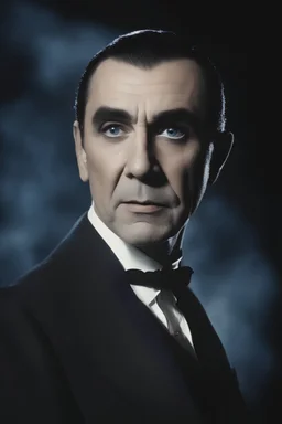 Bela Lugosi as Count Vamperini - Blue eyes - full color - 32k, UHD, 1080p, 8 x 10, glossy professional quality digital photograph - dark foggy gradated background, historic, powerful, octane rendering, exquisite detail, 30 - megapixel, 4k, 85 - mm - lens, sharp - focus, intricately - detailed, long exposure time, f8, ISO 100, shutter - speed 1125, diffuse - back - lighting, ((skin details, high detailed skin texture)),