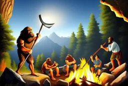 Precisionism, caveman holding a club, cave, cave bear, campfire, stone age, dawn, trending on artstation, fine detail, high quality,