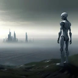 humanoid in an alien landscape. city in the distance