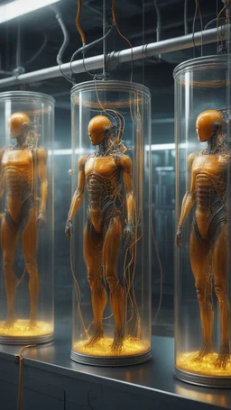 Sleeper in tube cabinet made of glass filled to the top with honey coloured liquid , in a laboratory inside it a half alien and a half human creature body standing vertically inside , connected with wires and electrical wires , the human standing in side, a high tech equipment in the background ,4K, cinematic, high resolution