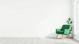 Mockup wall living room with green armchair on empty white wall background- 3D rendering