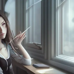 Anime, female student studying by the window,perfect face, cool face, ultra detail, unreal engine 5, cinema4d, sun light, studio lighting --ar 1:1 --v 4