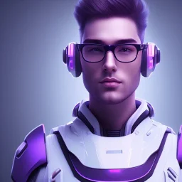 Cute boy face eyeglasses , Sci-fi character, purple backlight, pink and purple, scifi suit, profile, purple background, pink lighting