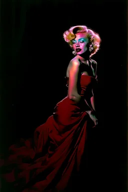 Marilyn Monroe, full vibrant colors, red evening gown