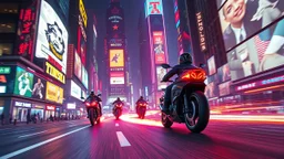 A futuristic race through a neon-lit city, where flying motorcycles leave trails of light as they zoom between towering holographic advertisements. Photographic quality and detail, award-winning image, beautiful composition.