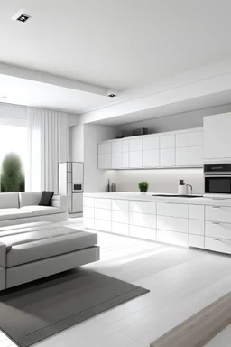cozinha grande moderna minimalista com moveis brancos e sofá