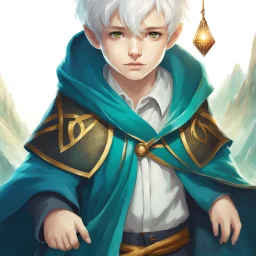 Fantasy World, A boy only wearing a closed wizards robe, and wearing a wizards hat. White Hair. Golden Eyes