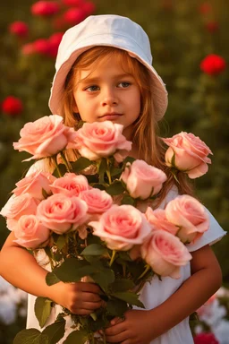 A little girl from Russia at the age of 7 years holds a lot of roses and puts them on her face, and she wears a white Bucket Hat, she puts the roses in front of her face, so her face does not appear, so her face does not appear,(Many Flowers: 1.2), Soft Light, Golden Hour, Upper Body, HDR, 8k, Natural Skin Texture, AO, Intricate, Highly Detailed, Sharp Focus, Crazy Detail, Intricate Detail, Highly Detailed ,The girl looked down