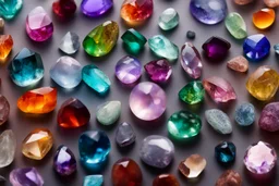 top view of lot of coloured gemstones in candlelight