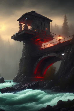 secure outpost perched on a cliff, overlooking a steel bridge, by dangerous river rapids, post-apocalyptic, night, stars, mist, 3D Game Cinematic Feel, Epic 3D Videogame Graphics, Intricately Detailed, 8K Resolution