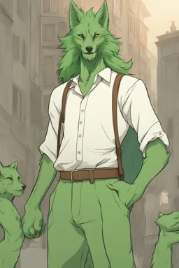 Sense of liberation by a beautiful green werewolf wearing a shirt and baggy pants