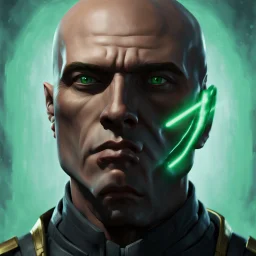 star wars bald male corellian jedi pilot wearing gunmetal grey and black old republic armored robes with gold trim inside the jedi temple holding a lightsaber with viridian green blade in left hand, centered head and shoulders portrait, hyperdetailed, dynamic lighting, hyperdetailed background, 8k resolution, volumetric lighting, light skin, fully symmetric details