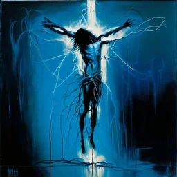 Minimal abstract oil painting of a jesus christ limbs sinew twisted . Background of bright blue with random words. hanging wires illuminated at night. In the style of Justin Mortimer and Phil Hale and Ashley Wood