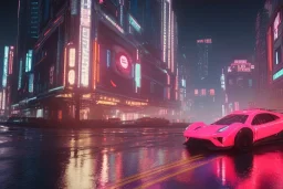 3D, beautiful, light reflecting, empty future city at night, rainy night, neon, cyberpunk, tron, car with helmet walking, 8k, finely detailed, photo realistic