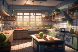 Depict a neat suburban kitchen with a bright window and cute decorations. Introduce eerie elements like flickering lights casting unsettling silhouettes, fruits that morph from fresh to rotten in seconds, or kitchen utensils arranged in odd, almost ritualistic patterns. anime visual novel style