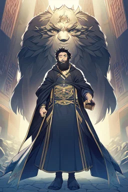 Anime man with beard, handsome and happy. Standing with Beautiful anime woman with black hair. Utopian universe