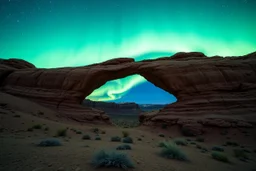 stunning nature photography of a natural land bridge rock formation in a desert at night with a brilliant northern lights display in the sky, starry night, aroura borealis,