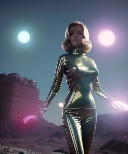 Ultra Realistic retro sci-fi portrait image from 1960, spaceship, sweet young Jane Fonda, dress with tight latex suit, Retro sci-fi weapon, soft color, highly detailed, unreal engine 5, ray tracing, RTX, lumen lighting, ultra detail, volumetric lighting, 3d, finely drawn, high definition, high resolution.