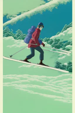 As monochrome image of man skiing, by kawase hasui, moebius and edward hopper,gustave dore, colorful flat surreal design, hd, 8 k, artstation