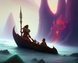 sango fantasy, fantasy magic, intricate, sharp focus, illustration, highly detailed, digital painting, concept art, matte, Greek mythology Charon ferryman, skeleton in full length cape, in boat on river styx, sharp jagged rocks, red purple blue colours, red hot lava river