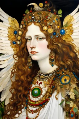 Painted portrait of angel in turban, long hair and wings and loads of jewellery painted by brush in style Gustav Klimt