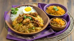 a wooden bowl of purple glowing biryani with chicken pieces