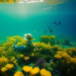 Erol Evgin underwater with yellow flowers for hair, closed eyes, rtx, reflection, 8k, glow, winning photography, caustics