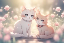 Cute chibi anime cat couple in love, flowers in sunshine, heart and love, watercolor and black ink outlines, ethereal, cinematic postprocessing, bokeh, dof Weight:1 detailed matte painting, deep color, fantastical, intricate detail, splash screen, complementary colors, fantasy concept art, 8k resolution trending on Artstation Unreal Engine 5 Weight:0.9