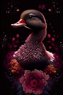 psiduck, out her mind, beautiful colorfully flowers and star pattern on fur front facing dark smooth colors high contrast background darkred tones,