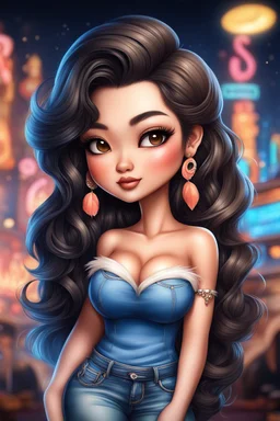 create an airbrush illustration of a chibi cartoon curvy asian female wearing Tight blue jeans and a peach off the shoulder blouse. Prominent make up with long lashes and hazel eyes. She is wearing brown feather earrings. Highly detailed long black shiny wavy hair that's flowing to the side. Background of a night club.